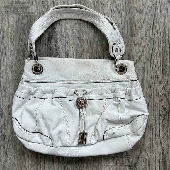 B. Makowsky White Leather Shoulder Bag Leopard Lining Boho Chic L - Picture 1 of 10